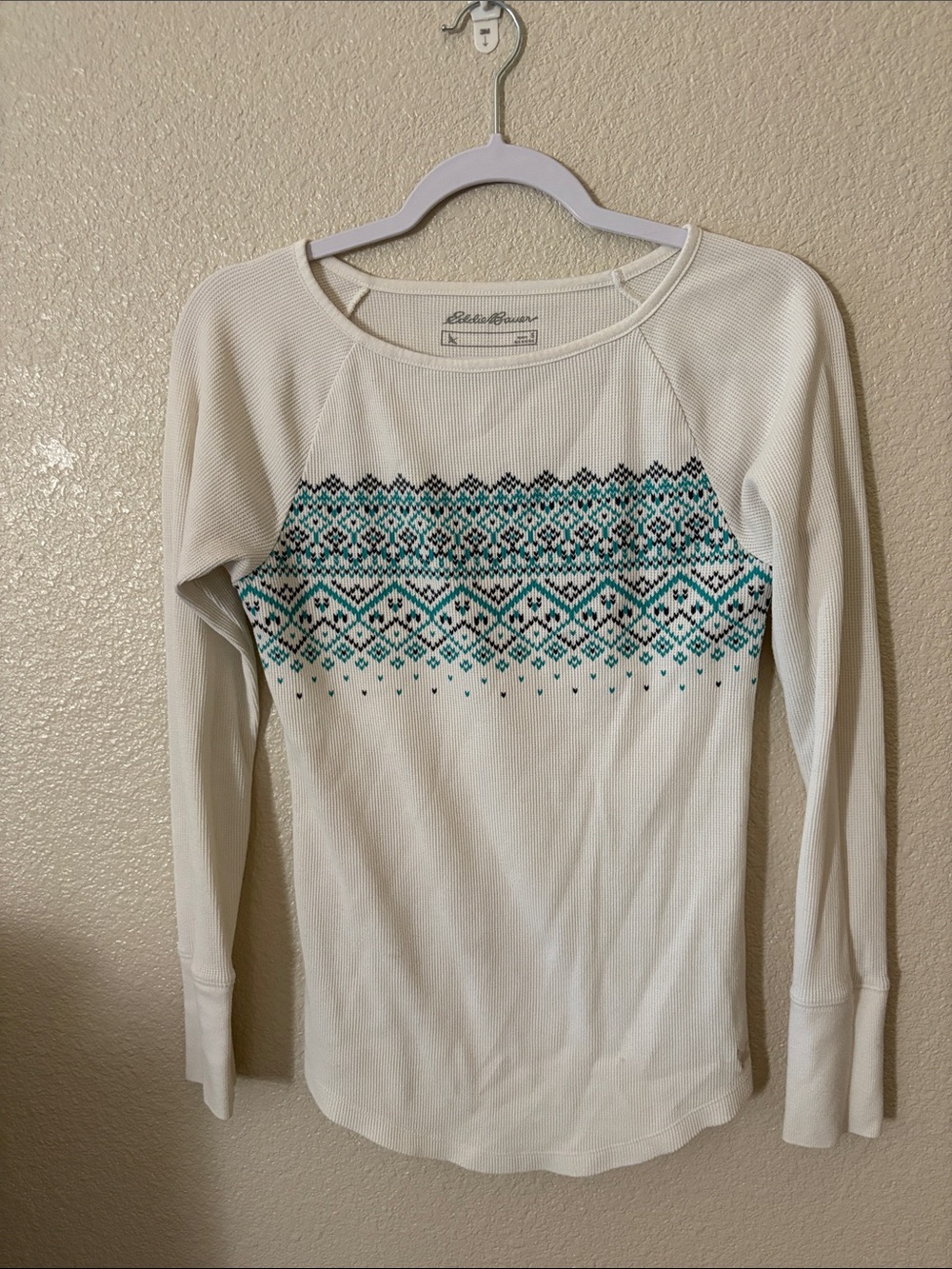 Eddie Bauer Cream Long-Sleeve Thermal Top with Turquoise & Black Fair Isle